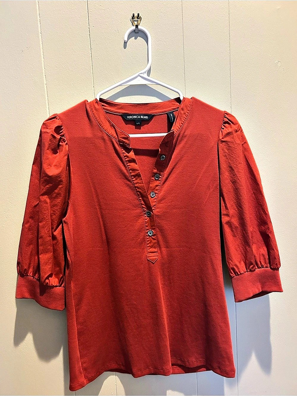 Veronica Beard Coralee Puff-Sleeve Top Red Size Large